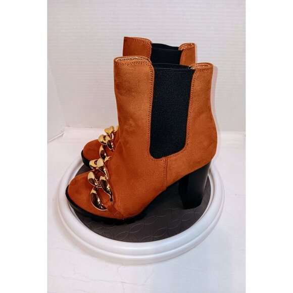Dark Tan Heeled Ankle Boots With Gold Chain Embellishment Womens Size 9 - Picture 7 of 8